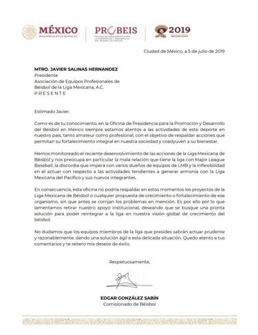 Probeis retira apoyo a Liga Mexicana de Beisbol