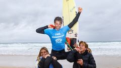 Fistral Beach ,NEWQUAY, UK - August 13 th:  At the end of the Final with carry-up at the QS 1000 Animal Pro at August 13th , 2023 Fistral Beach,Newquay,UK.(Photo by Laurent Masurel/World Surf League)