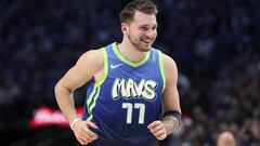 Dec 26, 2019; Dallas, Texas, USA;  Dallas Mavericks forward Luka Doncic (77) reacts during the second quarter against the San Antonio Spurs  at American Airlines Center. Mandatory Credit: Kevin Jairaj-USA TODAY Sports