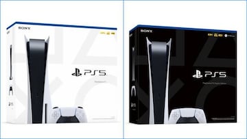 Cajas de PS5. El modelo con lector de disco será blanca; la versión Digital Edition será negra.