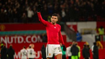 MANCHESTER, ENGLAND - JANUARY 10: Casemiro of Manchester United reacts at the end of the Carabao Cup Quarter Final match between Manchester United and Charlton Athletic at Old Trafford on January 10, 2023 in Manchester, England. (Photo by Ash Donelon/Manchester United via Getty Images)