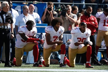 Kaepernick knelt during the national anthem before games to protest police brutality and racial inequality in the US.