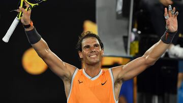 El tenista espa?ol Rafa Nadal celebra su victoria ante Matthew Ebden en el Open de Australia 2019.