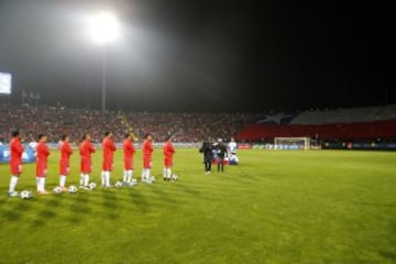 Futbol, Chile v Jamaica.
Partido amistoso 2016.
Los jugadores de la seleccion chilena cantan su himno nacional antes del partido amistoso contra Jamaica disputado en el estadio Sausalito de Viña del Mar, Chile.
27/05/2016
Andres Pina/Photosport**********

Football, Chile v Jamaica.
Chile's players sing their national anthem prior to the friendly football match against Jamaica held at the Sausalito stadium in Vina del Mar, Chile.
27/05/2016
Andres Pina/Photosport