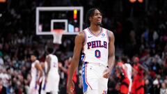 TORONTO, ON - OCTOBER 28: Tyrese Maxey #0 of the Philadelphia 76ers smiles in a break in play against the Toronto Raptors during the second half of their basketball game at the Scotiabank Arena on October 28, 2023 in Toronto, Ontario, Canada. NOTE TO USER: User expressly acknowledges and agrees that, by downloading and/or using this Photograph, user is consenting to the terms and conditions of the Getty Images License Agreement.   Mark Blinch/Getty Images/AFP (Photo by MARK BLINCH / GETTY IMAGES NORTH AMERICA / Getty Images via AFP)