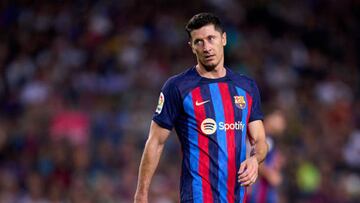 BARCELONA, SPAIN - OCTOBER 23: Robert Lewandowski of FC Barcelona looks on during the LaLiga Santander match between FC Barcelona and Athletic Club at Spotify Camp Nou on October 23, 2022 in Barcelona, Spain. (Photo by Alex Caparros/Getty Images)