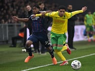 Nantes� French midfielder #17 Dehmaine Tabibou Assoumani (R) fights for the ball with Lyon�s Brazilian forward #09 Endrick during the French L1 football match between FC Nantes and Olympique Lyonnais (OL) at the Stade de la Beaujoire�Louis Fonteneau in Nantes, western France on February 7, 2026. (Photo by Damien Meyer / AFP)