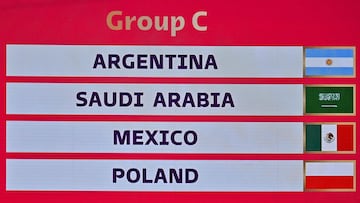 Doha (Qatar), 01/04/2022.- An electronic panel shows the draw of group C with Argentina, Saudi Arabia, Mexico, and Poland during the main draw for the FIFA World Cup 2022 in Doha, Qatar, 01 April 2022. (Mundial de Fútbol, Polonia, Arabia Saudita, Catar) EFE/EPA/NOUSHAD THEKKAYIL
