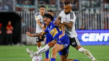 Futbol, Colo Colo vs Everton.
Fecha 2, Liga de Primera 2026.
El jugador de Colo Colo Arturo Vidal, derecha, disputa el balon con Alan Medina de Everton durante el partido de primera division realizado en el estadio Monumental de Santiago, Chile.
07/02/2026
Andres Pina/Photosport
Football, Colo Colo vs Everton.
2nd turn, 2026 First Division League.
Colo Colo’s player Arturo Vidal, right, vies for the ball against Alan Medina of Everton during a first division match at the Monumental stadium in Santiago, Chile.
07/02/2026
Andres Pina/Photosport