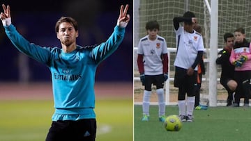 Im&aacute;genes de Sergio Ramos en un entrenamiento con las manos en se&ntilde;al de victoria y de un &aacute;rbitro espa&ntilde;ol de benjamines llamado David T&eacute;llez ayudando al portero a colocar la barrera.