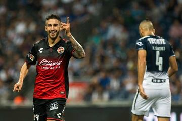 Juan Lucero celebra el segundo gol en el triunfo de Tijuana 1-2 ante Monterrey en la vuelta de los cuartos de final del Clausura 2018.