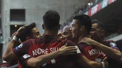 Portugal&#039;s Cristiano Ronaldo, 2nd right, celebrates after scoring the opening goal during the World Cup Group B qualifying soccer match between Portugal and Faroe Islands at the Bessa Stadium in Porto, Portugal, Thursday Aug. 31, 2017. (AP Photo/Paulo Duarte)