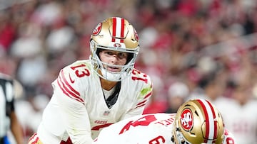 LAS VEGAS, NEVADA - AUGUST 23: Quarterback Brock Purdy #13 of the San Francisco 49ers prepares for a play during the first half of a preseason game against the Las Vegas Raiders at Allegiant Stadium on August 23, 2024 in Las Vegas, Nevada. Louis Grasse/Getty Images/AFP (Photo by Louis Grasse / GETTY IMAGES NORTH AMERICA / Getty Images via AFP)