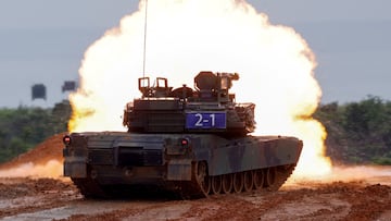 A U.S.-made M1A2T Abrams tank takes part in live-fire exercises in Hsinchu, Taiwan July 10, 2025. REUTERS/Ann Wang