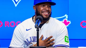TORONTO, ON APRIL 14, 2025: Vladimir Guerrero Jr. #27 of the Toronto Blue Jays smiles during a press conference after signing a contract extension with the Blue Jays at Rogers Centre, on April 14, 2025 in Toronto, Ontario, Canada. Mark Blinch/Getty Images/AFP (Photo by MARK BLINCH / GETTY IMAGES NORTH AMERICA / Getty Images via AFP)