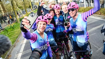 Netherlands' Dylan Groenewegen of Unibet Rose Rockets (L) takes a selfie with teammates after winning the 'Ronde van Brugge' men's elite one-day cycling race, 202,9 km from and to Bruges on March 25, 2026. (Photo by ELIAS ROM / Belga / AFP) / Belgium OUT
