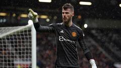 12 February 2022, United Kingdom, Manchester: Manchester United&#039;s goalkeeper David de Gea reacts during the English Premier League soccer match between Manchester United and Southampton at Old Trafford. Photo: Martin Rickett/PA Wire/dpa
 12/02/2022 O