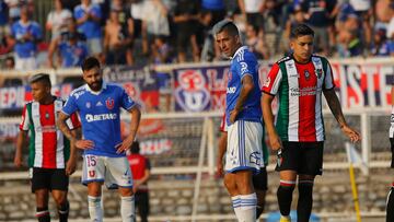 Futbol, Palestino vs Universidad de Chile.
Fecha 3, campeonato Nacional 2023.
Los jugadores de Universidad de Chile se lamentan tras el gol de Palestino durante el partido de Primera División disputado en el estadio Municipal de La Cisterna en Santiago, Chile.