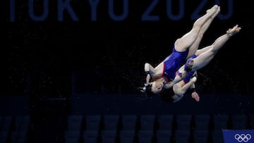 Synchronized divers from Team China practice ahead of the Tokyo 2020 Olympic Games at the Tokyo Aquatics Centre on July 23, 2021 in Tokyo, Japan. 