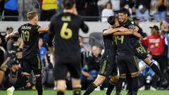 Oct 28, 2023; Los Angeles, CA, USA; Los Angeles FC forward Denis Bouanga (99) celebrates with teammates after scoring a goal against the Vancouver Whitecaps FC in the first half of game one in a round one match of the 2023 MLS Cup Playoffs at BMO Stadium. Mandatory Credit: Jonathan Hui-USA TODAY Sports