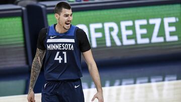 DENVER, CO - JANUARY 5: Juancho Hernangomez (41) of the Minnesota Timberwolves shouts after making a three against the Denver Nuggets during the first quarter at Ball Arena on Tuesday, January 5, 2021.(Photo by AAron Ontiveroz/MediaNews Group/The Denver Post via Getty Images)