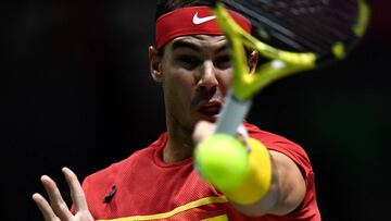 Spain's Rafael Nadal returns the ball to Argentina's Diego Schwartzman during the singles quarter-final tennis match between Argentina and Spain at the Davis Cup Madrid Finals 2019 in Madrid on November 22, 2019. (Photo by OSCAR DEL POZO / AFP)