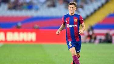 Barcelona's Spanish midfielder #06 Gavi runs with the ball during the Spanish Liga football match between FC Barcelona and RC Celta de Vigo at the at the Estadi Olimpic Lluis Companys in Barcelona on September 23, 2023. (Photo by Pau BARRENA / AFP)