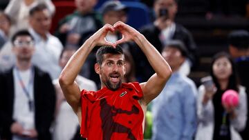 Tennis - Shanghai Masters - Qizhong Forest Sports City Arena, Shanghai, China - October 12, 2024 Serbia's Novak Djokovic celebrates after winning his semi final match against Taylor Fritz of the U.S. REUTERS/Tingshu Wang TPX IMAGES OF THE DAY