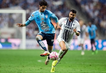 Mauricio Isais (L) of Pachuca controls the ball as Rodrigo Aguirre of Monterrey looks on during their Mexican Apertura football tournament semifinal match at the BBVA Bancomer stadium, in Monterrey, Mexico, on October 23, 2022. (Photo by Julio Cesar AGUILAR / AFP)