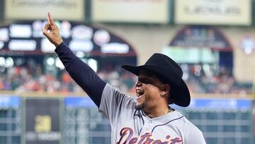 HOUSTON, TEXAS - APRIL 05: Miguel Cabrera #24 of the Detroit Tigers was honored by the Houston Astros on his upcoming retirement at the end of the season at Minute Maid Park on April 05, 2023 in Houston, Texas.   Bob Levey/Getty Images/AFP (Photo by Bob Levey / GETTY IMAGES NORTH AMERICA / Getty Images via AFP)