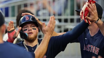 ATLANTA, GEORGIA - MAY 10: Alex Verdugo #99 of the Boston Red Sox reacts after scoring on a RBI single by Enrique Hernandez #5 in the fourth inning against the Atlanta Braves at Truist Park on May 10, 2023 in Atlanta, Georgia.   Kevin C. Cox/Getty Images/AFP (Photo by Kevin C. Cox / GETTY IMAGES NORTH AMERICA / Getty Images via AFP)