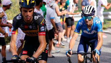 Team Jumbo Visma's Sepp Kuss of US (L) and Team Movistar's Alejandro Valverde of Spain climb the Beixalis during the 15th stage of the 108th edition of the Tour de cycling race, 191 km between Ceret and Andorre-La-Vieille, on July 11