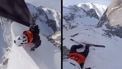 El freerider Aymar Navarro subiendo al Tuc de Sarrah&egrave;ra (Val d&#039;Aran, Catalu&ntilde;a, Espa&ntilde;a) nevado en visi&oacute;n 360 y bajando con los esqu&iacute;s (freeride) por una estrecha canal en febrero del 2021.