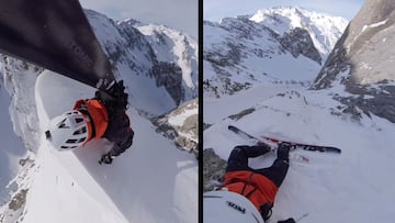 El freerider Aymar Navarro subiendo al Tuc de Sarrah&egrave;ra (Val d&#039;Aran, Catalu&ntilde;a, Espa&ntilde;a) nevado en visi&oacute;n 360 y bajando con los esqu&iacute;s (freeride) por una estrecha canal en febrero del 2021.