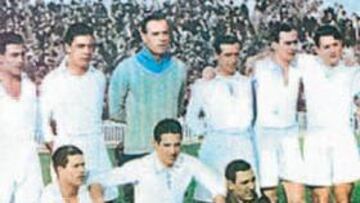 <b>EL ONCE TITULAR DE LOS CAMPEONES.</b> De pie: Ciriaco, Eugenio, Olivares, Zamora, Pachuco Prats, Luis Regueiro, Ateca, Leoncito y Quincoces. Sentados: Hilario, Laso y Vidal (portero suplente). Lazcano, que marcó 6 goles en 13 partidos, también era habitual en las alineaciones de aquel Madrid campeón.