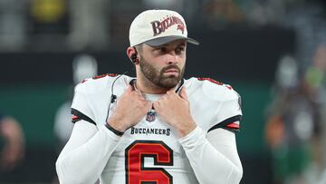 Aug 19, 2023; East Rutherford, New Jersey, USA; Tampa Bay Buccaneers quarterback Baker Mayfield (6) looks on against the New York Jets during the second half at MetLife Stadium. Mandatory Credit: Vincent Carchietta-USA TODAY Sports