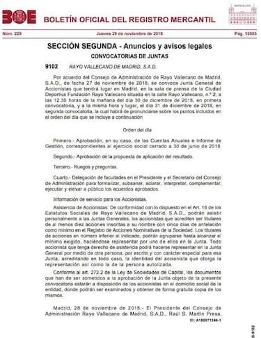 El Rayo ha convocado su Junta General de Accionistas