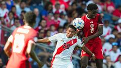 Jun 25, 2024; Kansas City, MO, USA; Peru forward Edison Flores (20) heads the ball against Canada defender Alphonso Davies (19) during the first half of a Copa America match at Children's Mercy Park. Mandatory Credit: Jay Biggerstaff-USA TODAY Sports