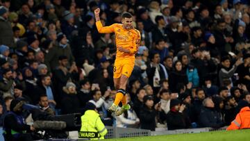 Dani Ceballos celebra el primer gol del Real Madrid, obra de Mbappé con asistencia del andaluz, al Manchester City.
