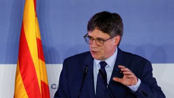Catalan separatist leader Carles Puigdemont speaks during a press conference in Elne, France, March 21, 2024. REUTERS/Albert Gea