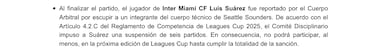 Leagues Cup sanciona con seis partidos a Luis Suárez por escupitajo en final ante Seattle Sounders