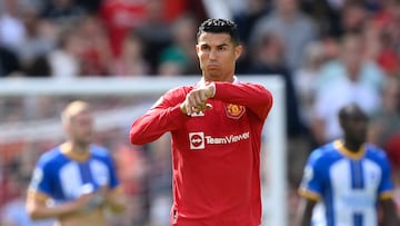Soccer Football - Premier League - Manchester United v Brighton & Hove Albion - Old Trafford, Manchester, Britain - August 7, 2022 Manchester United's Cristiano Ronaldo reacts after their first goal REUTERS/Toby Melville EDITORIAL USE ONLY. No use with unauthorized audio, video, data, fixture lists, club/league logos or 'live' services. Online in-match use limited to 75 images, no video emulation. No use in betting, games or single club /league/player publications. Please contact your account representative for further details.