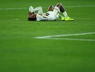 Feb 3, 2026; San Diego, California, USA; Pumas UNAM defender Alvaro Angulo (77) lays on the pitch after the match against San Diego FC at Snapdragon Stadium. Mandatory Credit: Chadd Cady-Imagn Images
