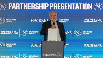 Aurelio De Laurentiis, durante el discurso conmemorativo de sus 20 años como presidente del Nápoles.