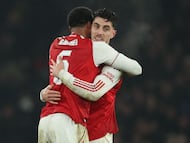 Arsenal's German midfielder #29 Kai Havertz (R) celebrates with Arsenal's Brazilian defender #06 Gabriel Magalhaes (L) after the English League Cup semi final second leg, football match between Arsenal and Chelsea at the Emirates Stadium, in London on February 3, 2026. Arsenal won the game 1-0, and the tie 4-2 on aggregate. (Photo by Adrian Dennis / AFP) / RESTRICTED TO EDITORIAL USE. No use with unauthorized audio, video, data, fixture lists, club/league logos or 'live' services. Online in-match use limited to 120 images. An additional 40 images may be used in extra time. No video emulation. Social media in-match use limited to 120 images. An additional 40 images may be used in extra time. No use in betting publications, games or single club/league/player publications. /