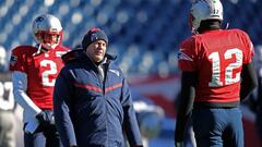 (Foxborough, MA 12/28/17) Coach Bill Belichick talks with quarterback #12 Tom Brady as the Patriots warm up for practice at Gillette Stadium. Thursday, December 28 2017. Staff photo by John Wilcox.