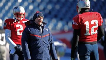 (Foxborough, MA 12/28/17) Coach Bill Belichick talks with quarterback #12 Tom Brady as the Patriots warm up for practice at Gillette Stadium. Thursday, December 28 2017. Staff photo by John Wilcox.