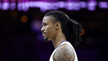 PHILADELPHIA, PENNSYLVANIA - FEBRUARY 23: Ja Morant #12 of the Memphis Grizzlies looks on during the fourth quarter against the Philadelphia 76ers at Wells Fargo Center on February 23, 2023 in Philadelphia, Pennsylvania. NOTE TO USER: User expressly acknowledges and agrees that, by downloading and or using this photograph, User is consenting to the terms and conditions of the Getty Images License Agreement.   Tim Nwachukwu/Getty Images/AFP (Photo by Tim Nwachukwu / GETTY IMAGES NORTH AMERICA / Getty Images via AFP)