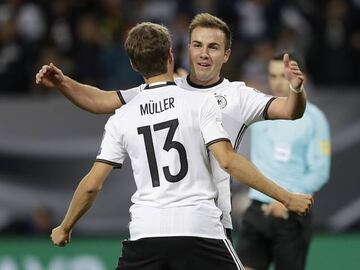 Thomas Mueller celebrates with Mario Goetze against the Czech Republic.