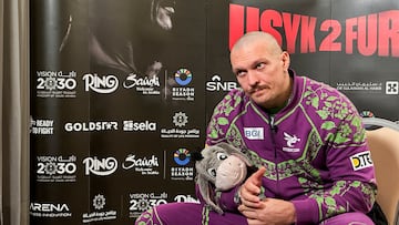 Ukrainian boxer and world heavyweight champion Oleksandr Usyk looks on as he speaks to Reuters, ahead of his rematch with British boxer Tyson Fury, in Riyadh, Saudi Arabia, December 12, 2024. REUTERS/Mohammed Benmansour